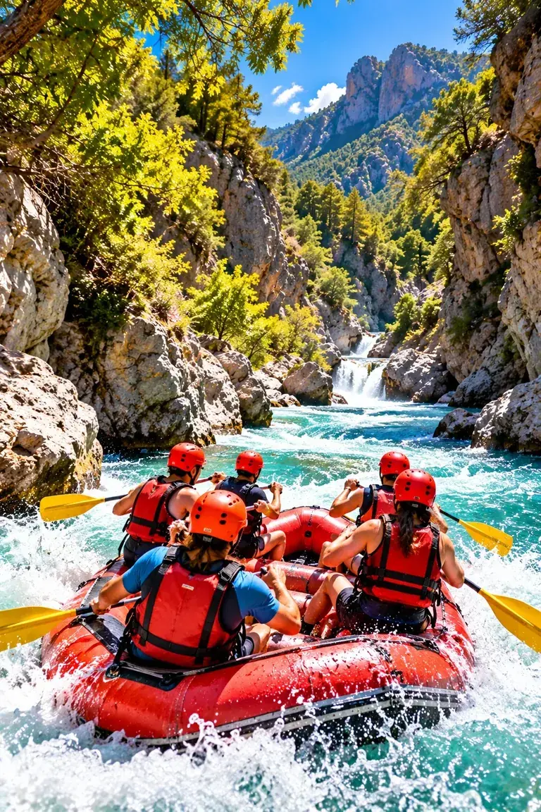 Kask ve can yeleğiyle rafting yapan katılımcılar