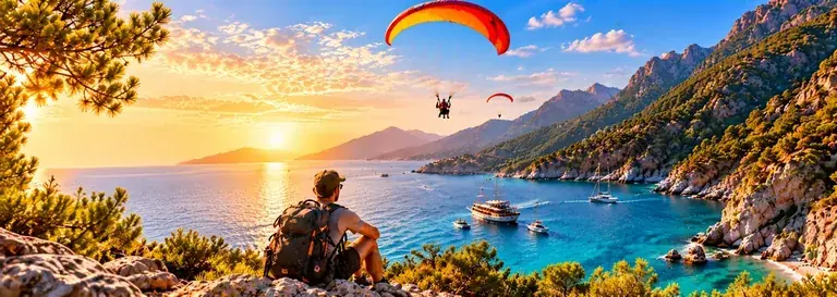 Deniz kıyısında gün batımında yamaç paraşütü