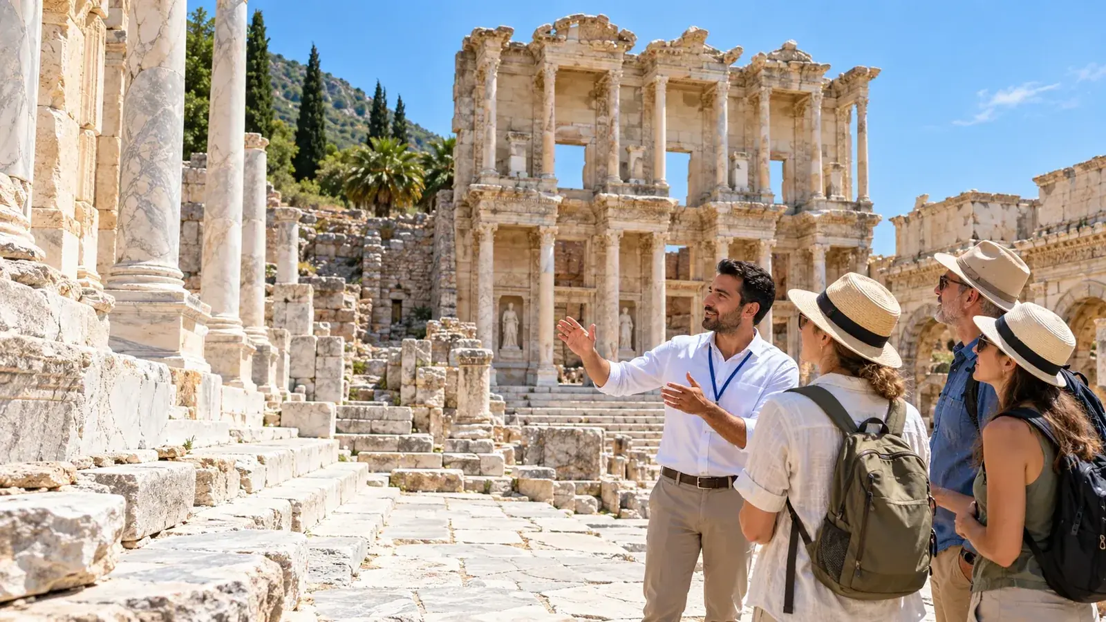Efes antik kentinde turist grubuna tarih anlatan profesyonel rehber