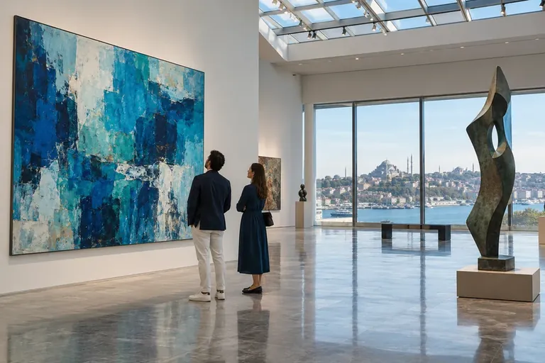 Modern sanat müzesinde soyut eserleri inceleyen ziyaretçiler