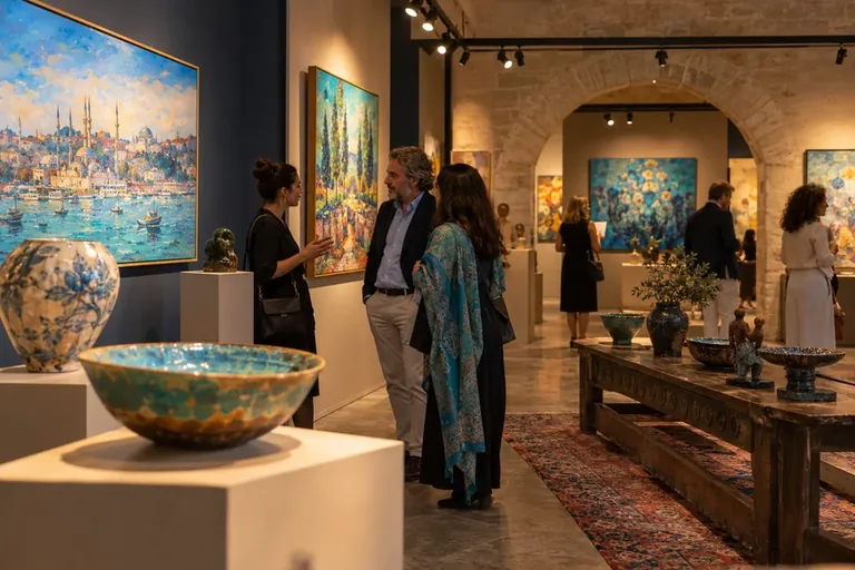 Tablo ve seramiklerin sergilendiği çağdaş sanat galerisi