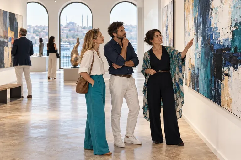 Çağdaş sanat galerisinde tabloları inceleyen ziyaretçiler