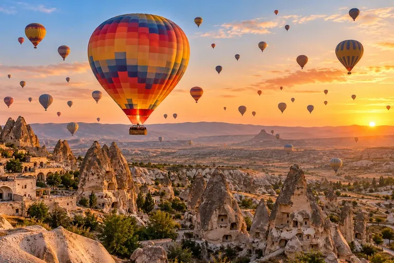 Kapadokya vadilerinde gün doğumunda sıcak hava balonları