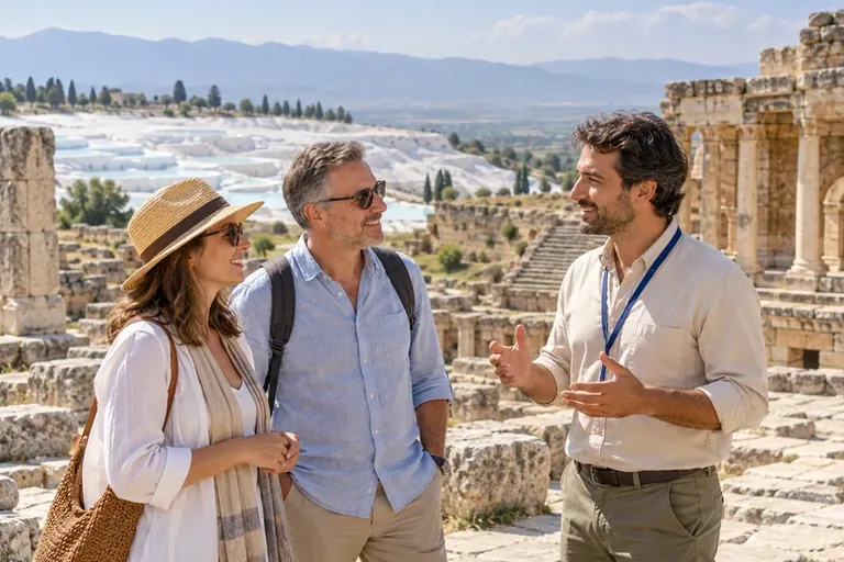 Hierapolis antik kentinde turistlerle iletişim kuran rehber