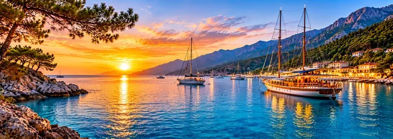 Gün batımında Türkiye sahilinde gezi tekneleri ve koy